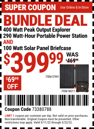 Buy the JACKERY 400 Watt Peak Output Explorer 290 Wh Portable Solar Generator Bundle (Item 58211/57991) for $399.99, valid through 5/22/2022.