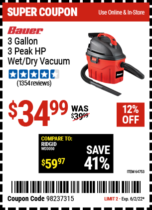 3 Gallon 3 Peak Horsepower Wet/Dry Vacuum