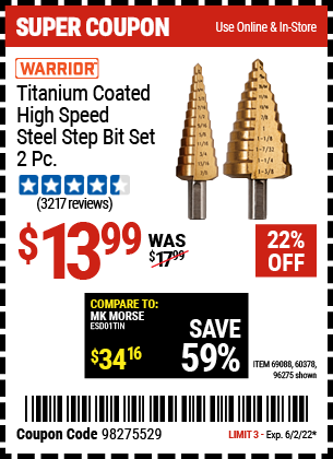 Titanium Coated High Speed Steel Step Bit Set, 2 Pc