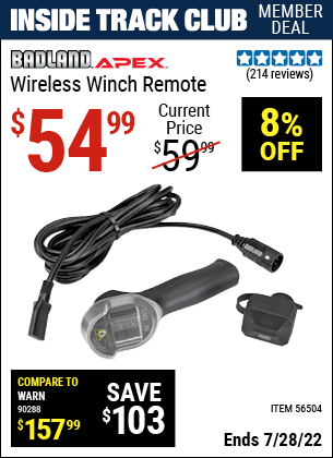 Inside Track Club members can buy the BADLAND Wireless Winch Remote (Item 56504) for $54.99, valid through 7/28/2022.