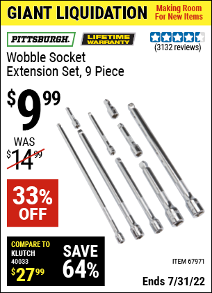 Buy the PITTSBURGH Wobble Socket Extension Set 9 Pc. (Item 67971) for $9.99, valid through 7/31/2022.