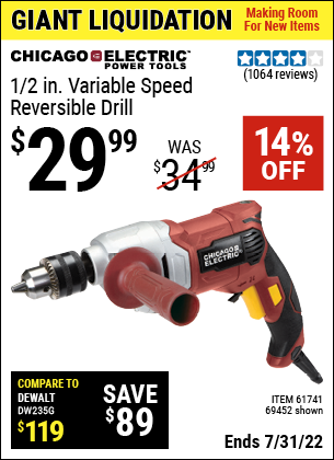CHICAGO ELECTRIC 1 2 in. Heavy Duty Variable Speed Reversible Drill for 29.99 Harbor Freight Coupons
