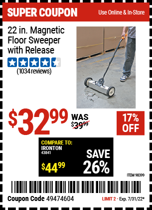 Buy the 22 In. Magnetic Floor Sweeper with Release (Item 98399) for $32.99, valid through 7/31/2022.