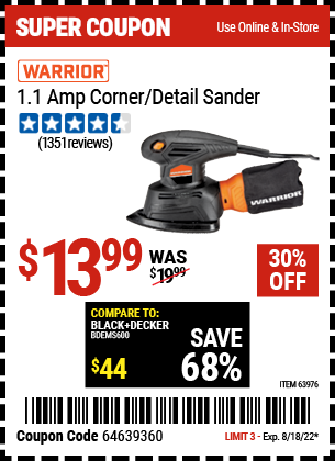 Buy the WARRIOR Palm Detail Sander (Item 63976) for $13.99, valid through 8/18/2022.