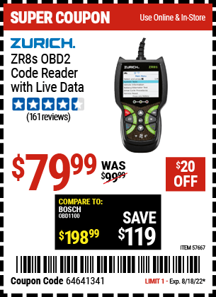 Buy the ZURICH ZR8S OBD2 Code Reader with Live Data (Item 57667) for $79.99, valid through 8/18/2022.