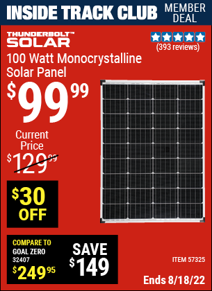 Inside Track Club members can buy the THUNDERBOLT 100 Watt Monocrystalline Solar Panel (Item 57325) for $99.99, valid through 8/18/2022.