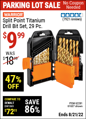 Buy the WARRIOR Titanium Drill Bit Set 29 Pc (Item 61637/62281) for $9.99, valid through 8/21/2022.