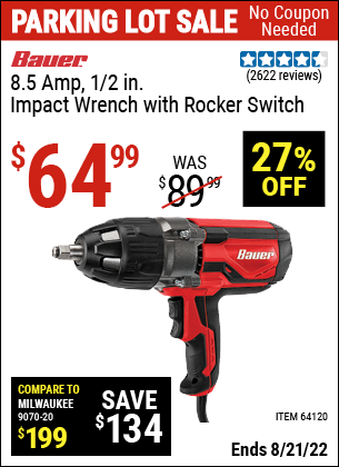 Buy the BAUER 1/2 In. Heavy Duty Extreme Torque Impact Wrench (Item 64120) for $64.99, valid through 8/21/2022.