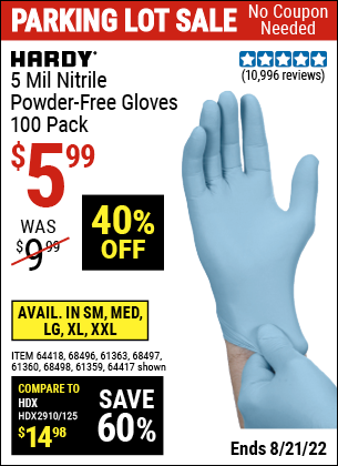 Buy the HARDY 5 Mil Nitrile Powder-Free Gloves 100 Pc (Item 64417/68496/64418/68496/61363/68497/61360/68498/61359) for $5.99, valid through 8/21/2022.