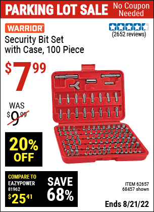 Buy the WARRIOR Security Bit Set with Case 100 Pc. (Item 68457/62657) for $7.99, valid through 8/21/2022.