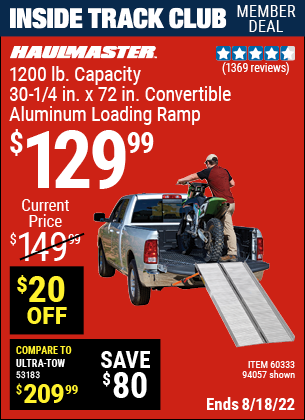 Inside Track Club members can buy the HAUL-MASTER 1200 lb. Capacity 30-1/4 in. x 72 in. Convertible Aluminum Loading Ramp (Item 94057/60333) for $129.99, valid through 8/18/2022.