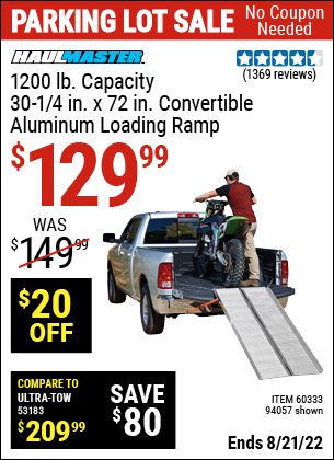 Buy the HAUL-MASTER 1200 lb. Capacity 30-1/4 in. x 72 in. Convertible Aluminum Loading Ramp (Item 94057/60333) for $129.99, valid through 8/21/2022.