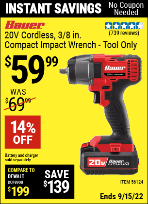 Buy the BAUER 20V Hypermax Lithium 3/8 in. Compact Impact Wrench (Item 56124) for $59.99, valid through 9/15/2022.