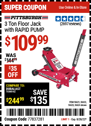 Buy the PITTSBURGH AUTOMOTIVE 3 Ton Steel Heavy Duty Floor Jack With Rapid Pump (Item 56624/56621/56622/56623) for $109.99, valid through 8/28/2022.