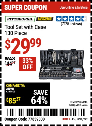 Buy the PITTSBURGH 130 Pc Tool Kit With Case (Item 63248/68998/64080) for $29.99, valid through 8/28/2022.