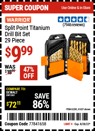 Buy the WARRIOR Titanium Drill Bit Set 29 Pc (Item 61637/62281) for $9.99, valid through 8/28/2022.