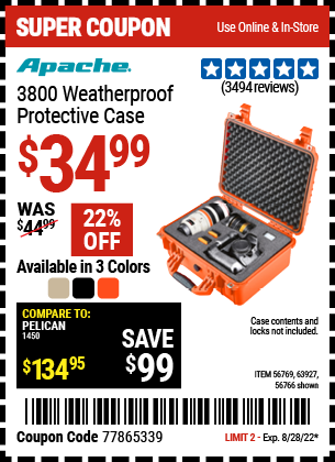 Buy the APACHE 3800 Weatherproof Protective Case – Large – Orange (Item 56766/56769/63927) for $34.99, valid through 8/28/2022.