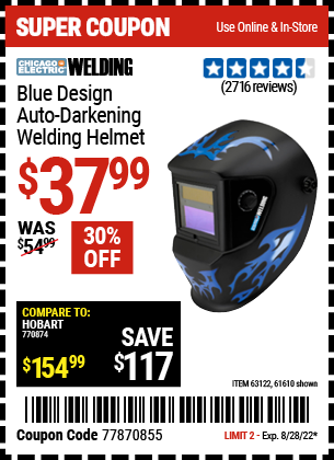 Buy the CHICAGO ELECTRIC Blue Design Auto Darkening Welding Helmet (Item 61610/63122) for $37.99, valid through 8/28/2022.