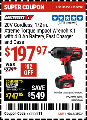 Buy the EARTHQUAKE XT 20V Max Lithium 1/2 In. Cordless Xtreme Torque Impact Wrench Kit (Item 64195/63537/64195) for $197.97, valid through 8/28/2022.