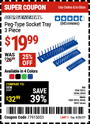 Buy the U.S. GENERAL Peg-Type Socket Tray 3 Pc. (Item 70018/58937/58938/58939/58940/70019) for $19.99, valid through 8/28/2022.