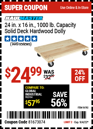 Buy the HAUL-MASTER 24 In. X 16 In. 1000 Lbs. Capacity Solid Deck Hardwood Dolly (Item 56782) for $24.99, valid through 9/4/2022.