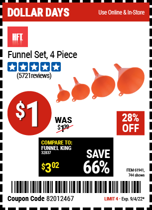 Buy the HFT Funnel Set 4 Pc. (Item 744/61941) for $1, valid through 9/4/2022.