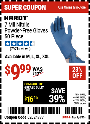 Buy the HARDY 7 Mil Nitrile Powder-Free Gloves, 50 Pc. XX-Large (Item 57158/68504/68505/61773/68506/61774) for $9.99, valid through 9/4/2022.