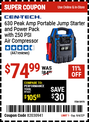 Buy the CEN-TECH 630 Peak Amp Portable Jump Starter and Power Pack with 250 PSI Air Compressor (Item 58978) for $74.99, valid through 9/4/2022.