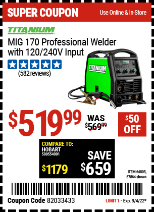 Buy the TITANIUM MIG 170 Professional Welder with 120/240 Volt Input (Item 64805/57864) for $519.99, valid through 9/4/2022.