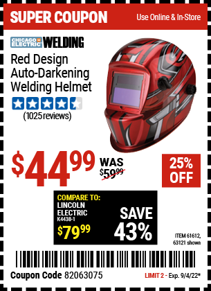 Buy the CHICAGO ELECTRIC Red Design Auto Darkening Welding Helmet (Item 63121/61612) for $44.99, valid through 9/4/2022.