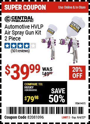 Buy the CENTRAL PNEUMATIC Automotive HVLP Air Spray Gun Kit 2 Pc. (Item 94572) for $39.99, valid through 9/4/2022.