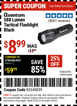 Buy the QUANTUM 588 Lumen Tactical Flashlight (Item 63934/64799) for $8.99, valid through 9/4/2022.