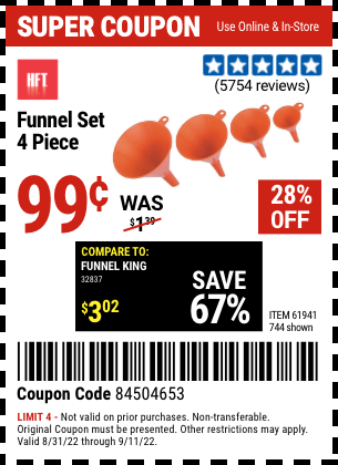 Buy the HFT Funnel Set 4 Pc. (Item 744/61941) for $0.99, valid through 9/11/2022.