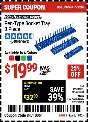 Buy the U.S. GENERAL Peg-Type Metric Socket Tray – 3 Pc. – Blue (Item 58937/58938/58939/58940/70018/70019) for $19.99, valid through 9/18/2022.