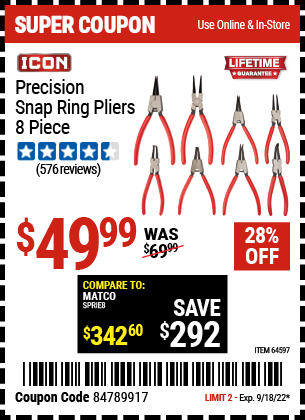 Buy the ICON Precision Snap Ring Pliers 8 Pc. (Item 63841) for $49.99, valid through 9/18/2022.