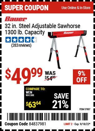 Buy the BAUER 1300 lb. Capacity Steel Sawhorse (Item 57807) for $49.99, valid through 9/18/2022.