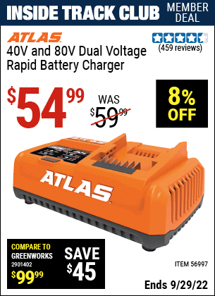 Inside Track Club members can buy the ATLAS 40v And 80v Dual Voltage Rapid Battery Charger (Item 56997) for $54.99, valid through 9/29/2022.