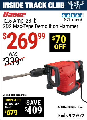 Inside Track Club members can buy the BAUER 12.5 Amp SDS Max Type Pro Demolition Hammer Kit (Item 63437/63440) for $269.99, valid through 9/29/2022.