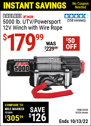 Buy the BADLAND 5000 Lb. UTV/Powersport 12V Winch (Item 56326/56530) for $179.99, valid through 10/13/2022.