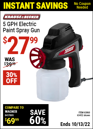 Buy the KRAUSE & BECKER 5 GPH Electric Paint Spray Gun (Item 63452/63060) for $27.99, valid through 10/13/2022.