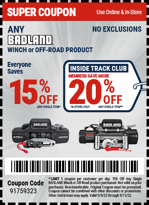 15% off Any Badland Winch or Offroad Product