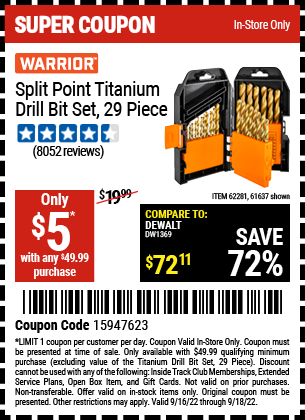 Buy the WARRIOR Titanium Drill Bit Set 29 Pc (Item 61637/62281) for $5, valid through 9/18/2022.