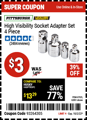 Buy the PITTSBURGH High Visibility Socket Adapter Set 4 Pc. (Item 62851/67925) for $3, valid through 10/2/2022.