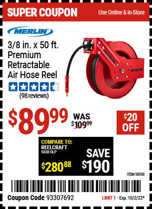 Buy the MERLIN 3/8 in. x 50 ft. Premium Retractable Air Hose Reel (Item 58550) for $89.99, valid through 10/2/2022.