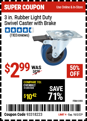 Buy the 3 in. Rubber Light Duty Swivel Caster with Brake (Item 61855) for $2.99, valid through 10/2/2022.