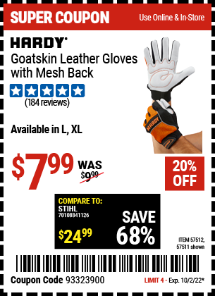 Buy the HARDY Goatskin Leather Gloves with Mesh Back (Item 57511/57512) for $7.99, valid through 10/2/2022.