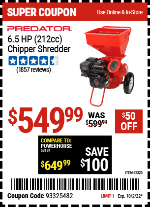 Buy the PREDATOR 6.5 HP (212cc) Chipper Shredder (Item 62323) for $549.99, valid through 10/2/2022.