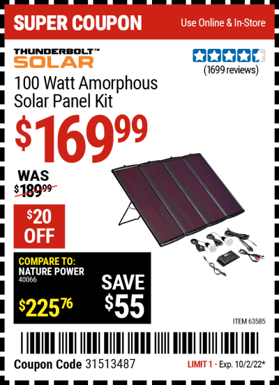 Buy the THUNDERBOLT MAGNUM SOLAR 100 Watt Solar Panel Kit (Item 63585) for $169.99, valid through 10/2/2022.