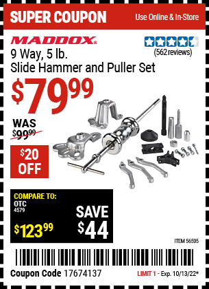 Buy the MADDOX 9 Way 5 lb. Slide Hammer Puller Set (Item 56505) for $79.99, valid through 10/13/2022.