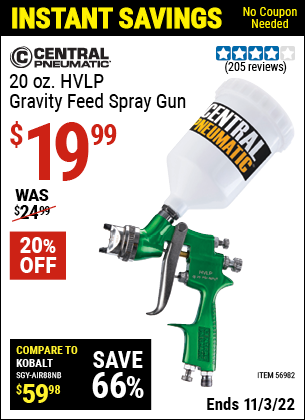 Buy the CENTRAL PNEUMATIC 20 Oz. HVLP Gravity Feed Spray Gun (Item 56982) for $19.99, valid through 11/3/2022.